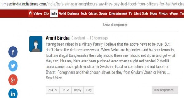 Comment in Times of India in support of BSF jawan