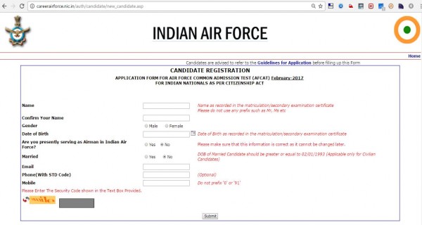 New candidate Registration Page of online AFCAT application