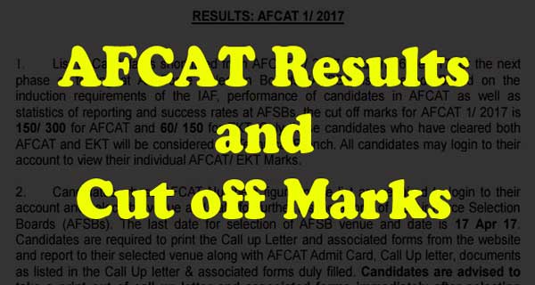AFCAT 1 2017 Results and Cut off marks