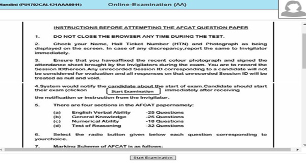 AFCAT exam instructions page