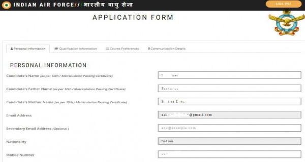 Personal Details page of AFCAT online application