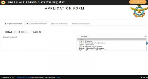 Qualification details page in online AFCAT form
